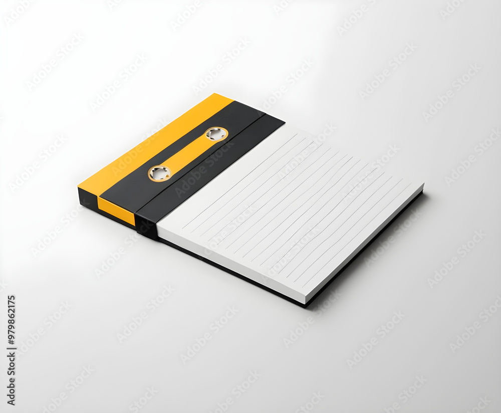 Stylish notepad resembling audio cassette tape lying on white background Stylish notepad resembling audio cassette tape lying on white background