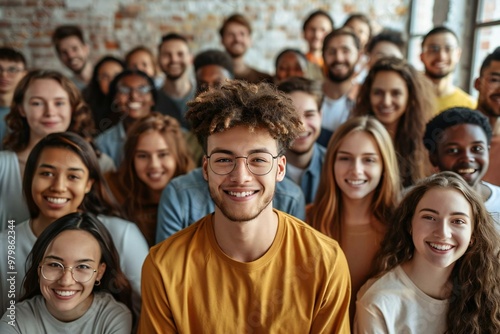 Beautiful diverse group of male and female workers of different professions, with various ethnicities, some wearing eyeglasses, smiling and laughing.