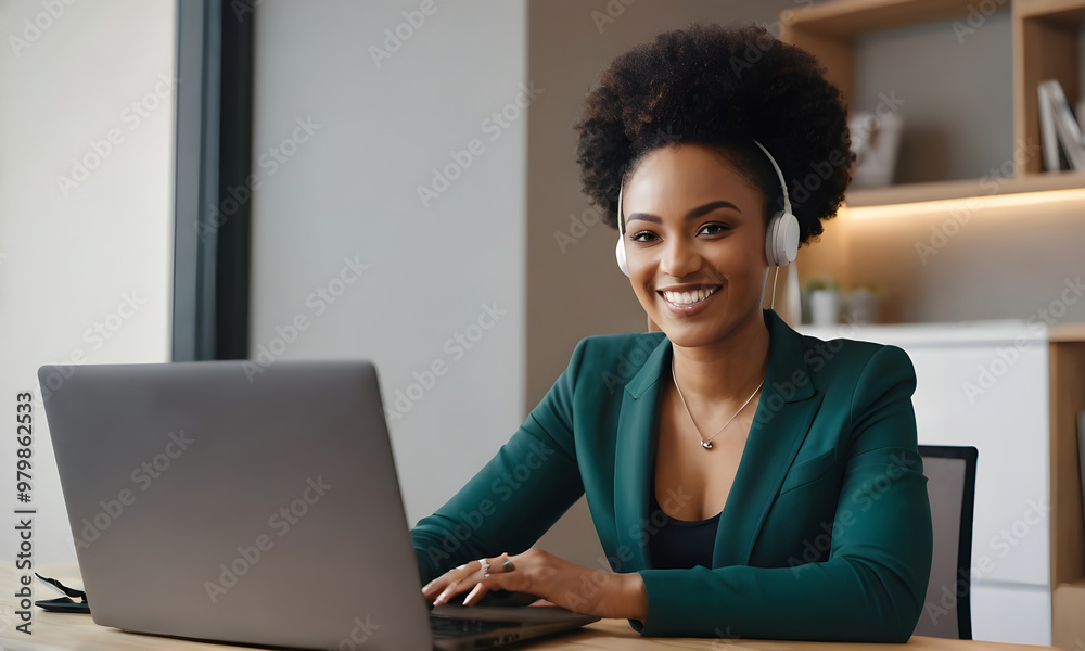 Young businesswoman wearing headset smiling while working on laptop in office Young businesswoman wearing headset smiling while working on laptop in office