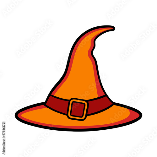 A cartoonish orange hat with a red belt and a pointed top