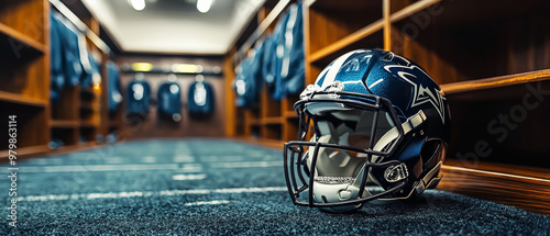 A football uniform laid out neatly in locker room, showcasing blue helmet with star design. atmosphere is organized and ready for game day, evoking excitement and anticipation