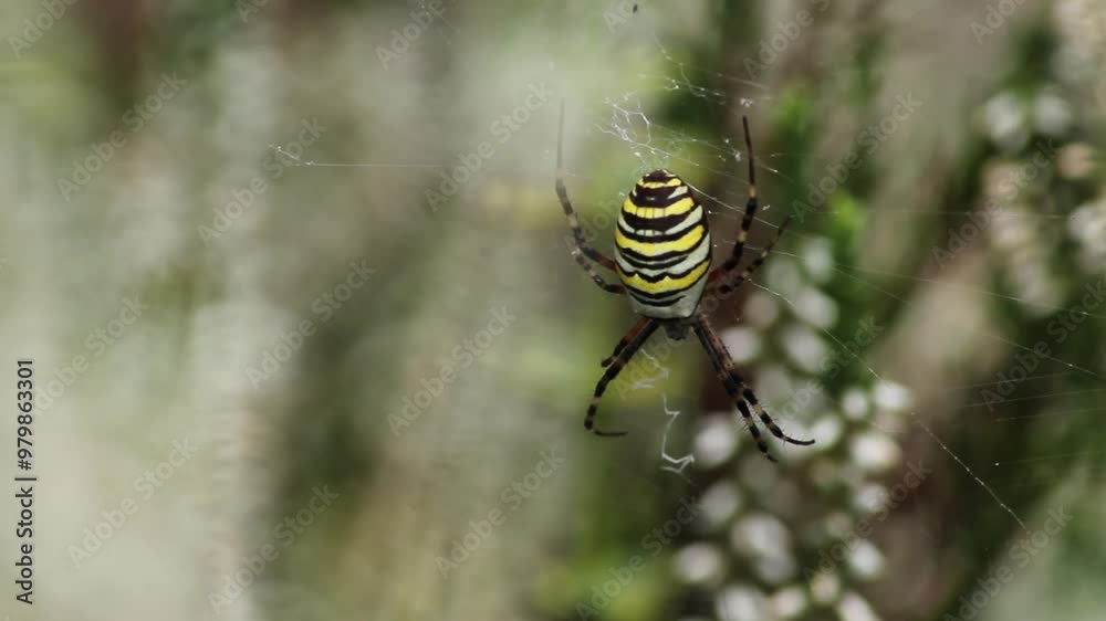 Wasp spider (Argiope bruennichi) on web. Black and yellow stripe. Large, colorful spider
Wasp spider (Argiope bruennichi) on web. Black and yellow stripe. Large, colorful spider