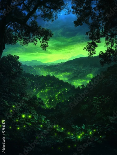 A mesmerizing night scene in a lush forest, illuminated by a multitude of fireflies.  Their soft green glow creates a magical atmosphere, symbolizing hope, wonder, and the beauty of nature. The silhou photo