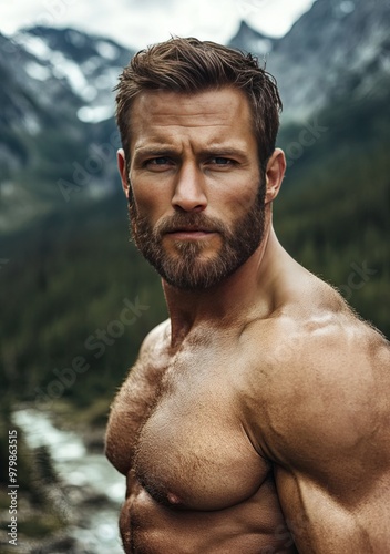 Mountain Man with Tattoos and Beard as Romance Cover Model in Mountains Wildernesss Background 