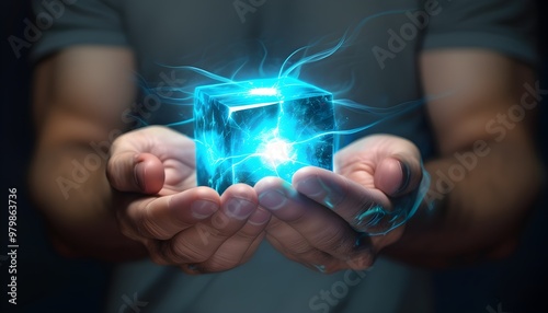 Ethereal energy emanates from a glowing blue cube cradled in strong hands photo