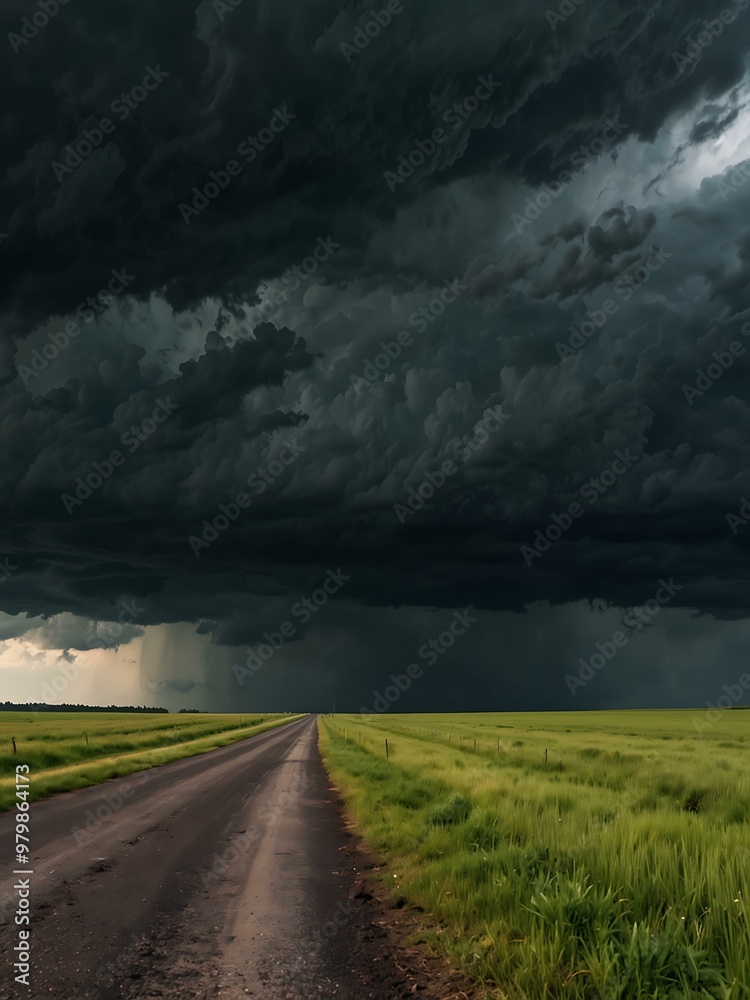Summer landscape with road, green grass, and dark storm clouds. Summer landscape with road, green grass, and dark storm clouds.