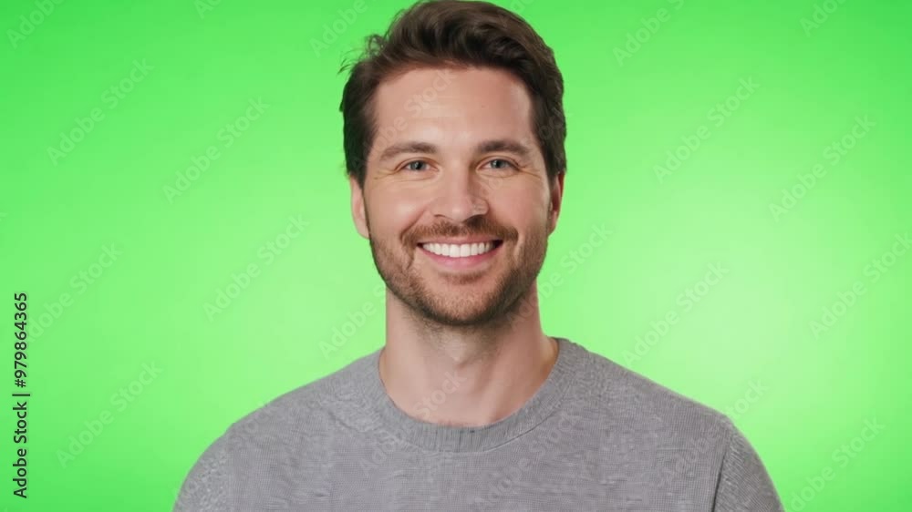 A man stands against a chroma key background and smiles A man stands against a chroma key background and smiles