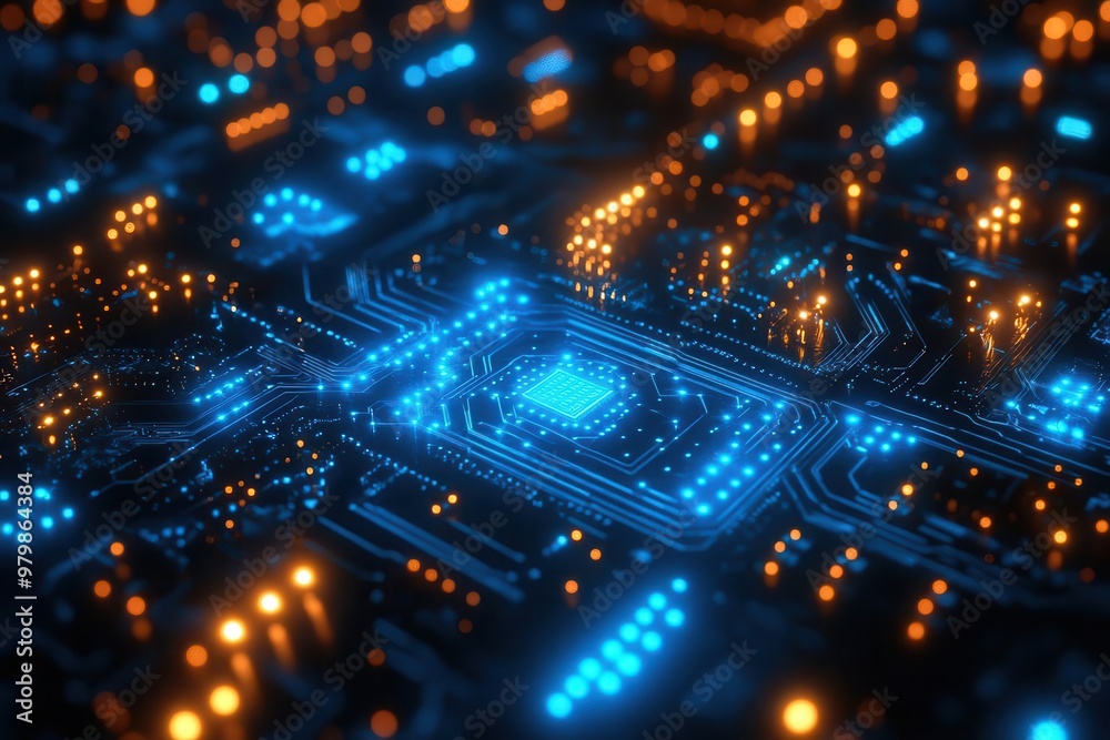 Fototapeta premium futuristic circuit board intricate neon patterns form mesmerizing tech landscape electric blue lines pulse with energy against dark background embodying digital innovation