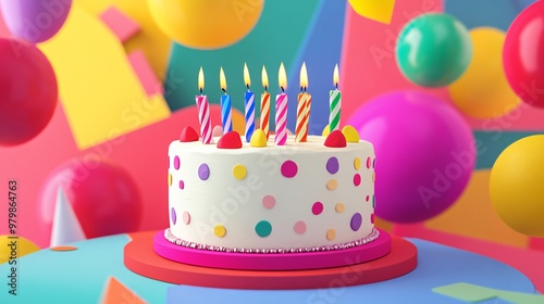 A birthday cake adorned with bright-colored balloons and candles, on a bold, saturated background full of playful shapes