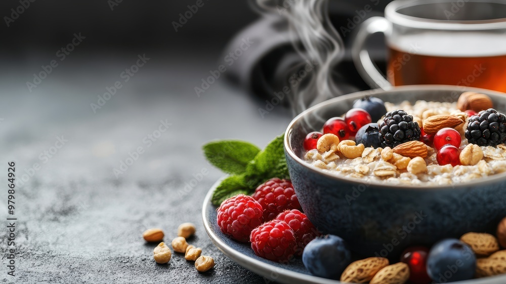 Delicious bowl of oatmeal topped with fresh berries, nuts, and mint, alongside a warm cup of tea for a cozy breakfast experience. Delicious bowl of oatmeal topped with fresh berries, nuts, and mint, alongside a warm cup of tea for a cozy breakfast experience.