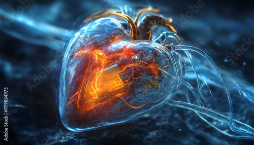 A close up 3D illustration of futuristic pacemaker inside heart, showcasing intricate details and glowing elements