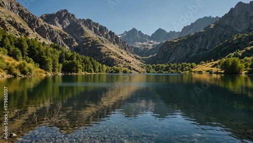 Sunny lake in the Pyrenees, northern Spain.