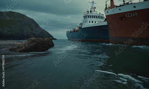 Two large cargo ships approaching shore on cloudy day