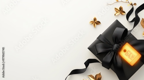 A clean Black Friday ribbon design with simple black ribbons tied around a glowing sale tag, set against a minimalist white background. photo