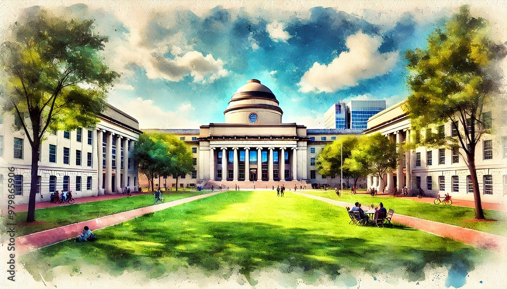 A watercolor painting of MIT, featuring the Great Dome, green lawns, trees, and a lively campus atmosphere. A watercolor painting of MIT, featuring the Great Dome, green lawns, trees, and a lively campus atmosphere.
