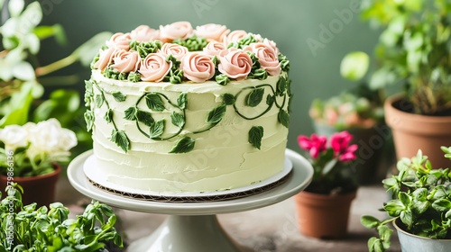 A garden-themed birthday cake adorned with buttercream vines and roses, surrounded by small potted plants and freshly cut garden flowers photo