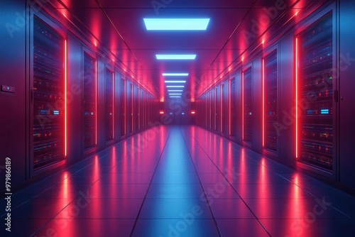 futuristic data center with sleek server racks glowing led lights reflective surfaces cool blue tones minimalist design emphasizing technology and connectivity