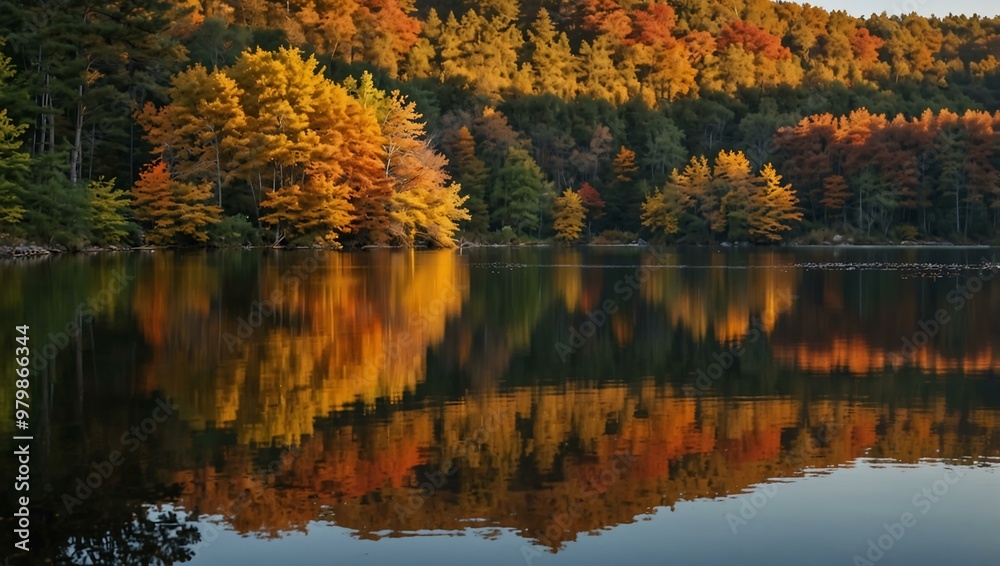 Sunset over a tranquil lake with autumn foliage reflections. Sunset over a tranquil lake with autumn foliage reflections.