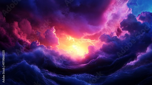 A stunning sunset sky with vibrant colors of purple, pink, and yellow creates a dramatic landscape over a vast ocean.  The clouds symbolize hope, dreams, and the beauty of nature. The ocean represents photo