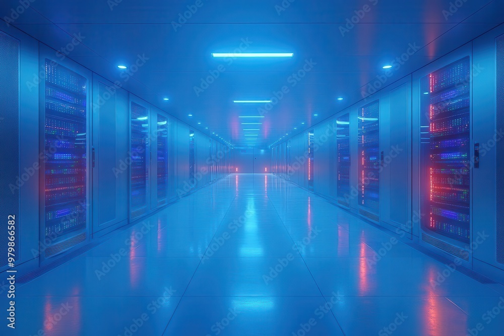 futuristic data center with sleek server racks glowing led lights reflective surfaces cool blue tones minimalist design emphasizing technology and connectivity futuristic data center with sleek server racks glowing led lights reflective surfaces cool blue tones minimalist design emphasizing technology and connectivity