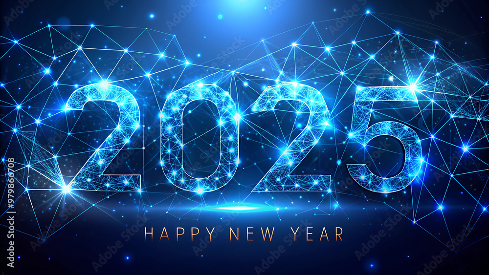 Obraz premium Abstract 2025 Happy New Year digital web banner template in futuristic glowing polygonal style on dark blue background