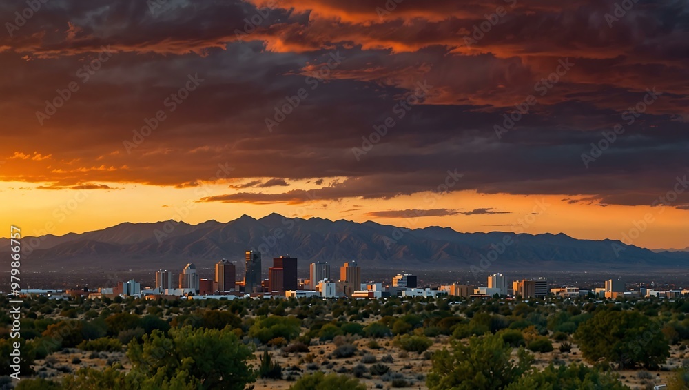 Naklejka premium Sunset paints the skyline of Albuquerque, New Mexico.