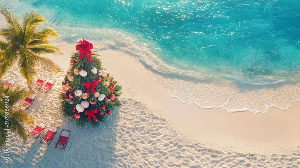 Beautifully adorned christmas tree stands on a tropical, sandy beach with crystal clear turquoise water, flanked by lounge chairs and palm trees