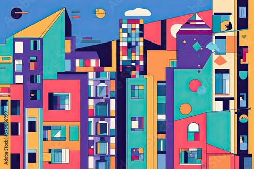 Vibrant Abstract Urban Views with Geometric Shapes and Playful Motifs