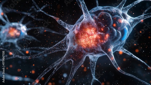 A vibrant microscopic image showcasing the intricate structure of neuron cells, highlighting their network connections and the flow of information within the nervous system. This image represents comm