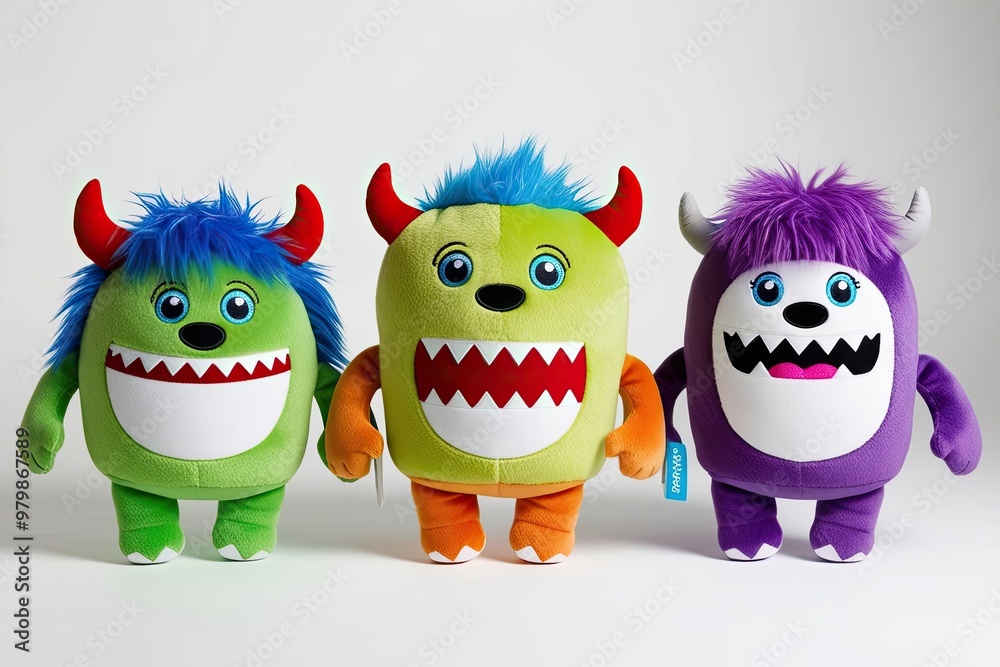 Fototapeta premium Set of 3 Adorable Plush Monster Toys Isolated on White Background