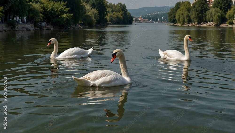Swans swimming gracefully on the Danube. Swans swimming gracefully on the Danube.