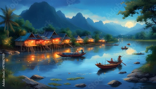 Serene nighttime landscape of a Southeast Asian fishing village by the river with a small rowboat and majestic mountains in the background photo