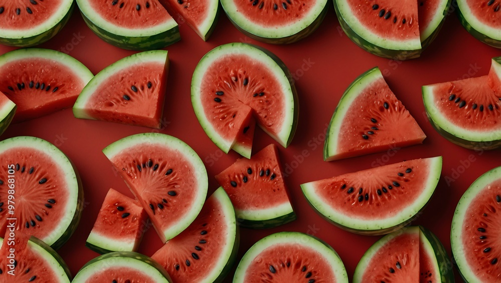 Sweet watermelon slices on red background