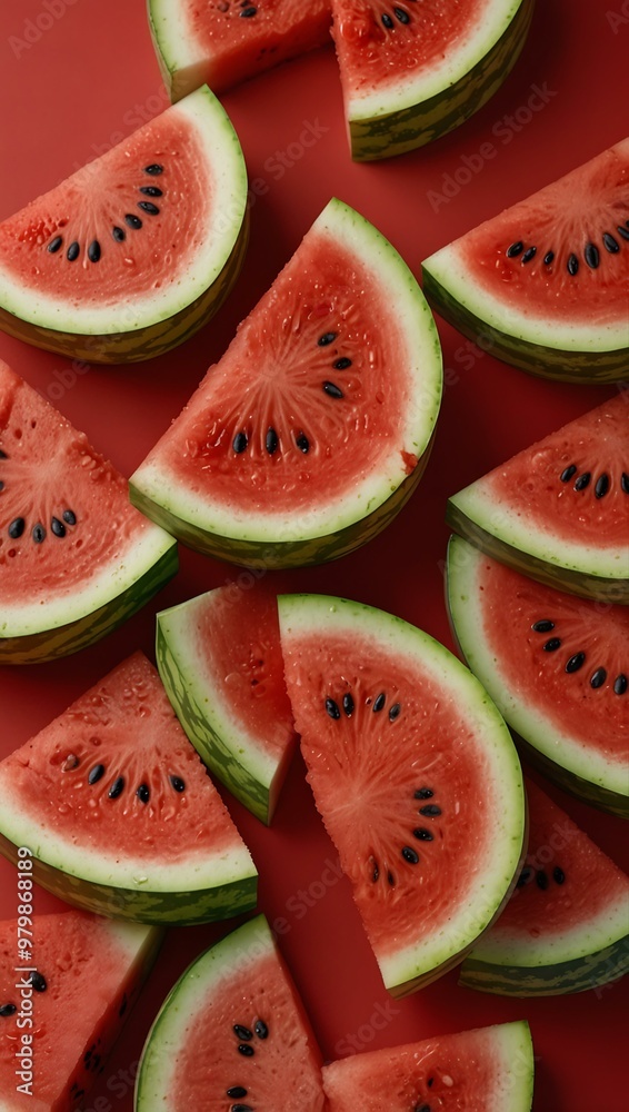 Sweet watermelon slices on red background