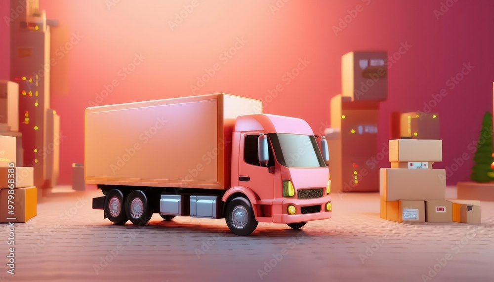 A pink delivery truck surrounded by cardboard boxes in a city setting. A pink delivery truck surrounded by cardboard boxes in a city setting.
