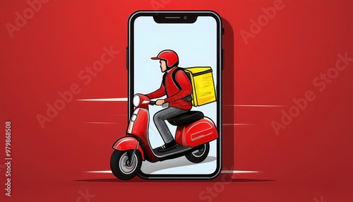 Delivery man on a scooter inside a smartphone screen.