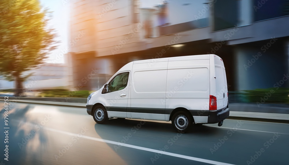 White delivery van driving on city street with blurred background. White delivery van driving on city street with blurred background.