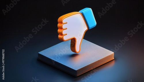 3D Render of a Large Orange and Blue Dislike Thumbs Down Icon Glowing on a Square Platform with Dark Background, Symbolizing Negative Feedback, Rejection, or Unfavorable Opinion in a Digital Context photo