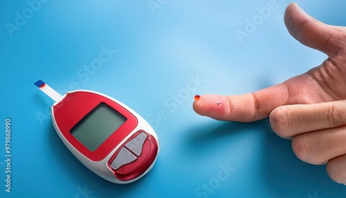 A blood glucose meter and a finger with a drop of blood on a blue background. photo