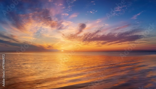 Vibrant sunset over a calm ocean with colorful clouds reflecting in the water.