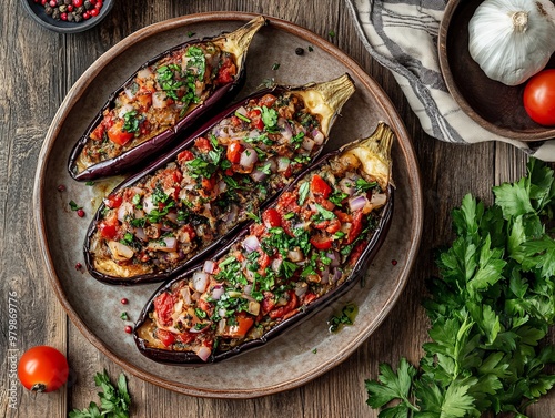 İmam Bayıldı. (A Imam Bayildi). The most popular Turkish dishes. Stuffed eggplant with onions, garlic, tomatoes, and herbs