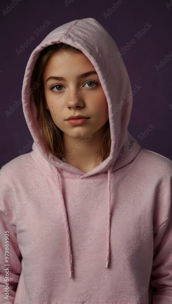 Teen in pink hoodie against a purple backdrop. Teen in pink hoodie against a purple backdrop.
