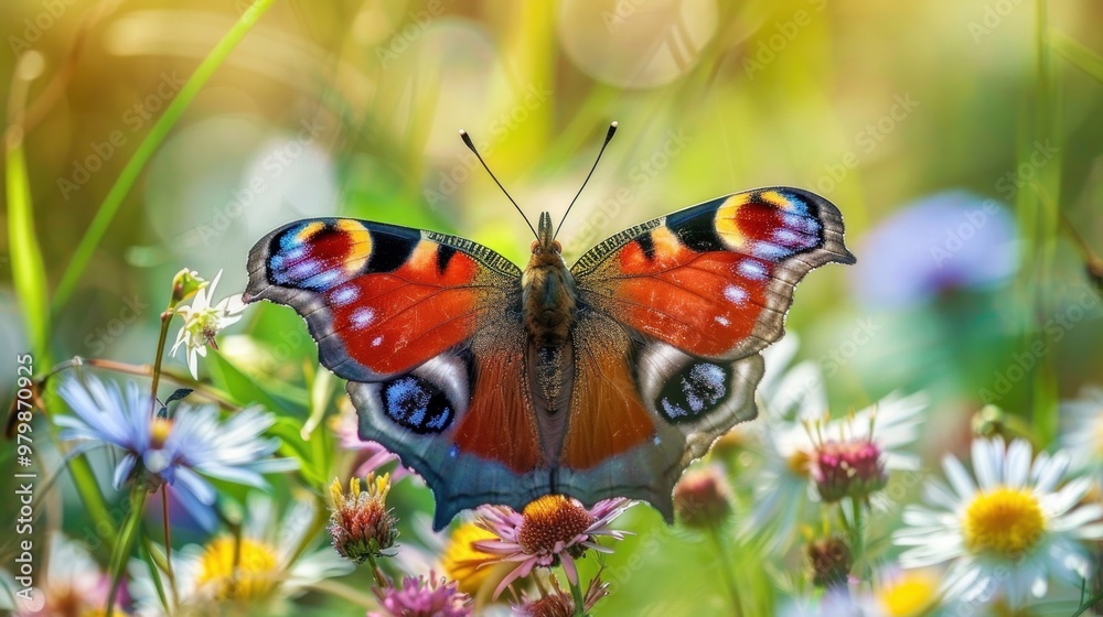 A colorful butterfly is flying in a field of flowers A colorful butterfly is flying in a field of flowers