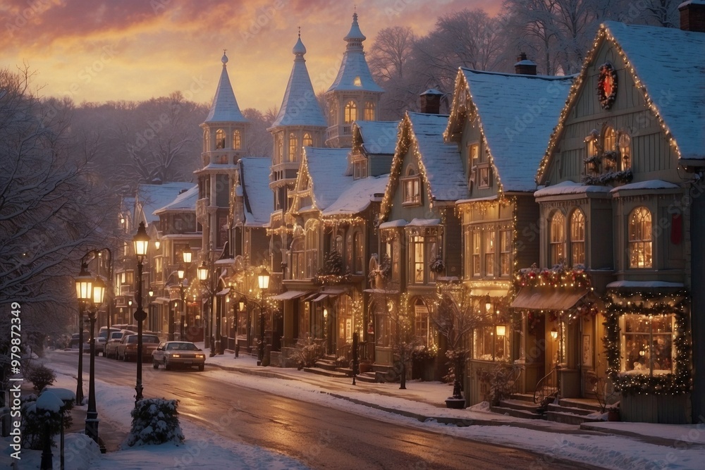 Christmas Idyllic Scene Filled with Lights, Cozy Houses, and Illuminated Windows Christmas Idyllic Scene Filled with Lights, Cozy Houses, and Illuminated Windows