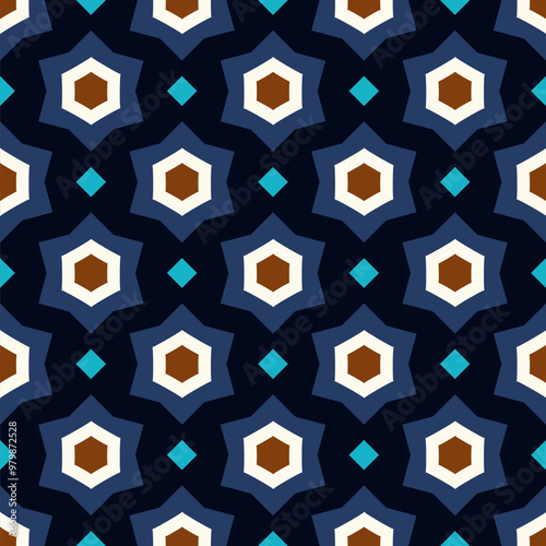 Dynamic abstract geometric pattern minimalist background. Colorful tile stars design abstracts hexagon shapes form playful texture. Seamless vector graphic easy to recolor all over print block.