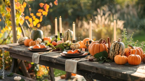 A table is set for a fall dinner with a pumpkin centerpiece and candles