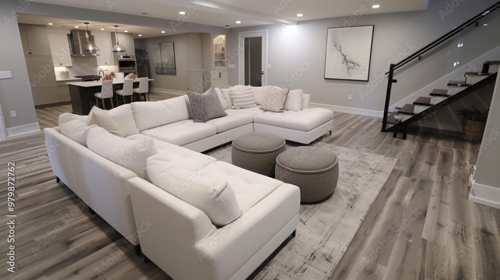 Fototapeta premium A large white sectional sofa is the centerpiece of a spacious living room