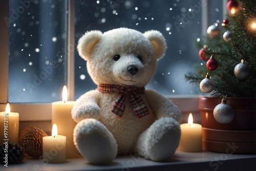 White Plush Bear on the Windowsill Watching Snowflakes Outside and a Bright Christmas Tree