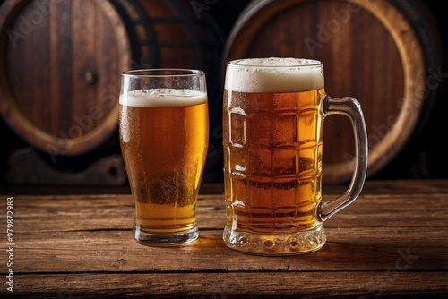 Glass of Fresh Beer on a Wooden Table with a Beer Barrel in the Background