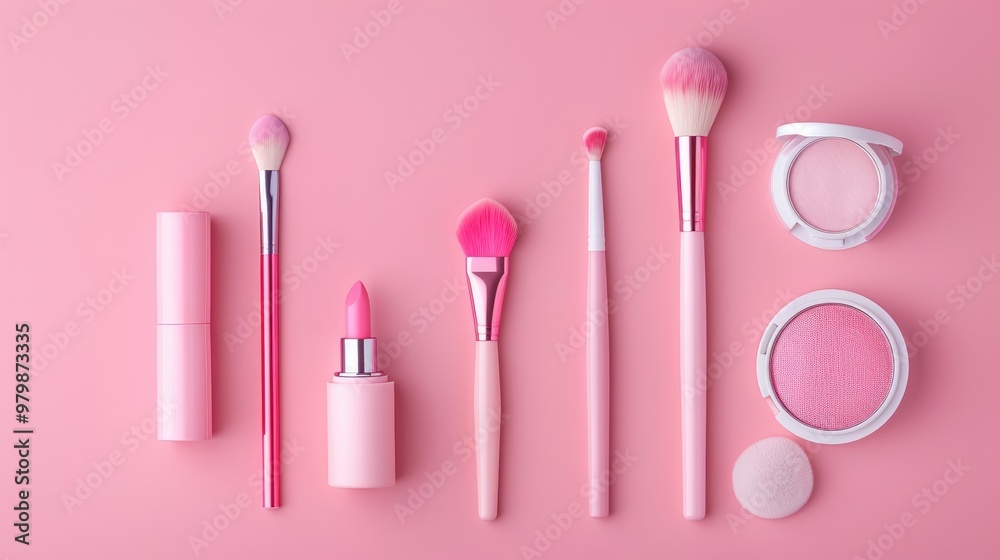Cosmetic accessories on pink backdrop Cosmetic accessories on pink backdrop